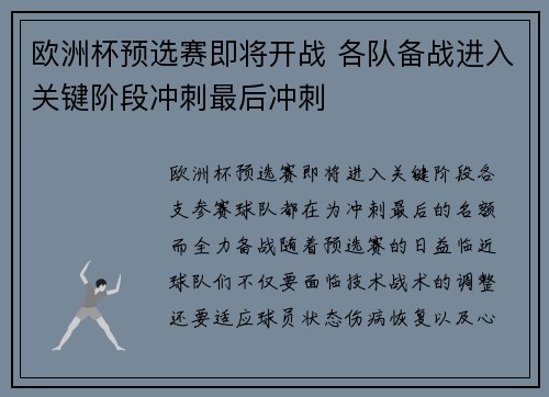 欧洲杯预选赛即将开战 各队备战进入关键阶段冲刺最后冲刺
