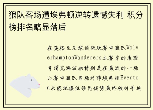 狼队客场遭埃弗顿逆转遗憾失利 积分榜排名略显落后