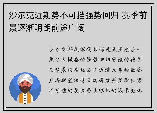 沙尔克近期势不可挡强势回归 赛季前景逐渐明朗前途广阔