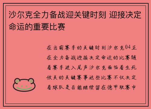 沙尔克全力备战迎关键时刻 迎接决定命运的重要比赛