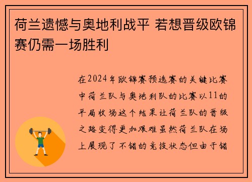 荷兰遗憾与奥地利战平 若想晋级欧锦赛仍需一场胜利