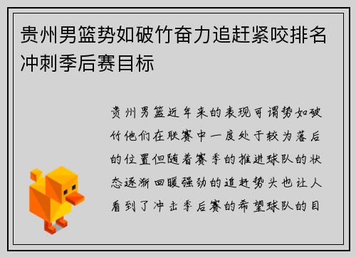 贵州男篮势如破竹奋力追赶紧咬排名冲刺季后赛目标